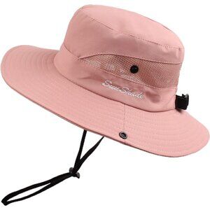 Unisex Pink 100% Polyester Wide Brim Mesh Vent Chin Strap Classic Cowboy Hat